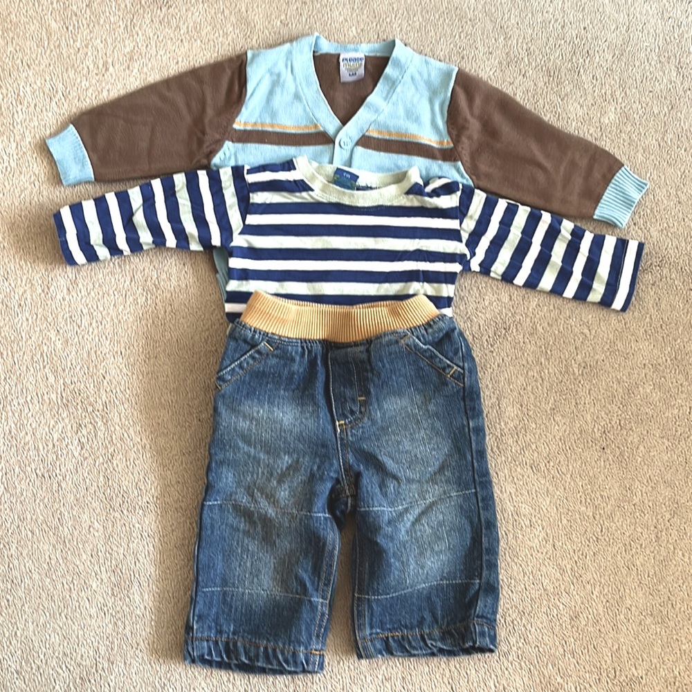Baby boy stylish set, 3 pieces. Denim pants, long sleeve onesies, sweater
